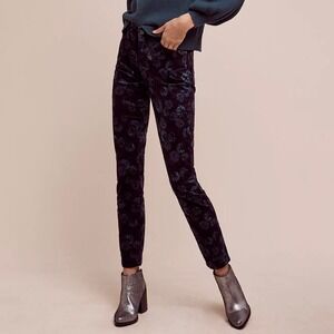 Pilcro Anthropologie & The Letterpress Blue Floral Script  Velvet pants Size 28
